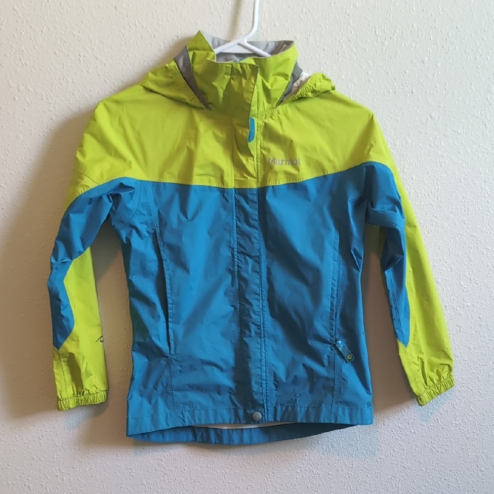 Marmot Blue and Green Raincoat with Hood and Waterproof Material